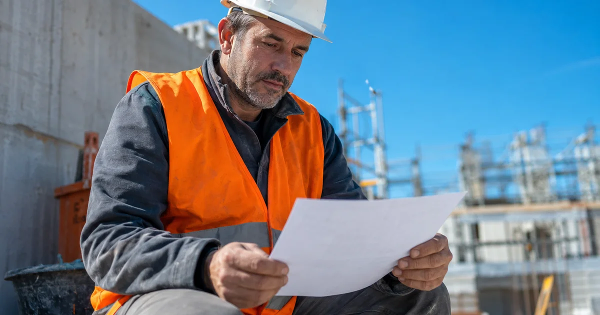Ouvrier du BTP en pause sur un chantier, consultant un bulletin de salaire papier