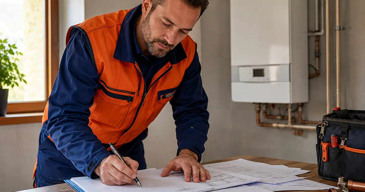 Chauffagiste artisan préparant un devis sur un chantier