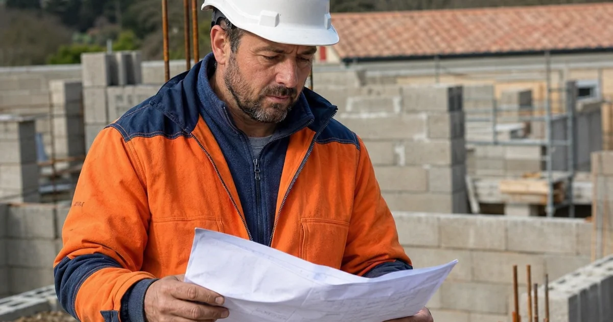 Maçon artisan préparant un devis sur chantier parpaings