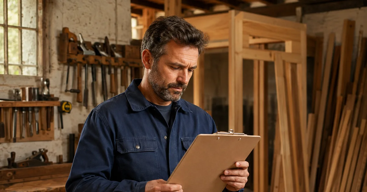 Menuisier artisan examinant un devis papier dans son atelier
