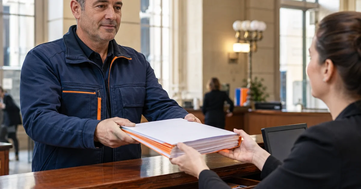 Artisan BTP déposant un dossier d'injonction de paiement au greffe du tribunal