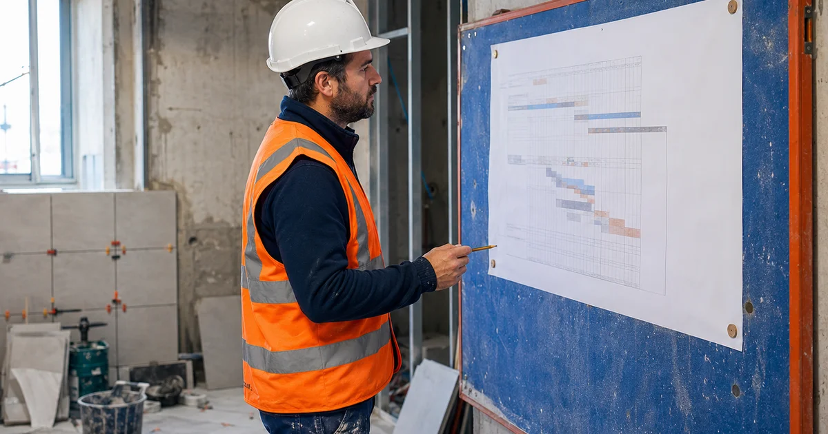 Artisan BTP consultant un planning de chantier épinglé sur tableau de bord