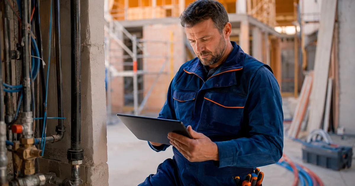 Artisan BTP consultant une grille tarifaire sur tablette de chantier