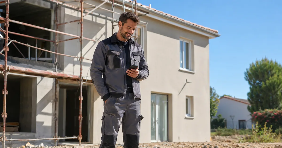 Artisan BTP sur chantier regardant son smartphone
